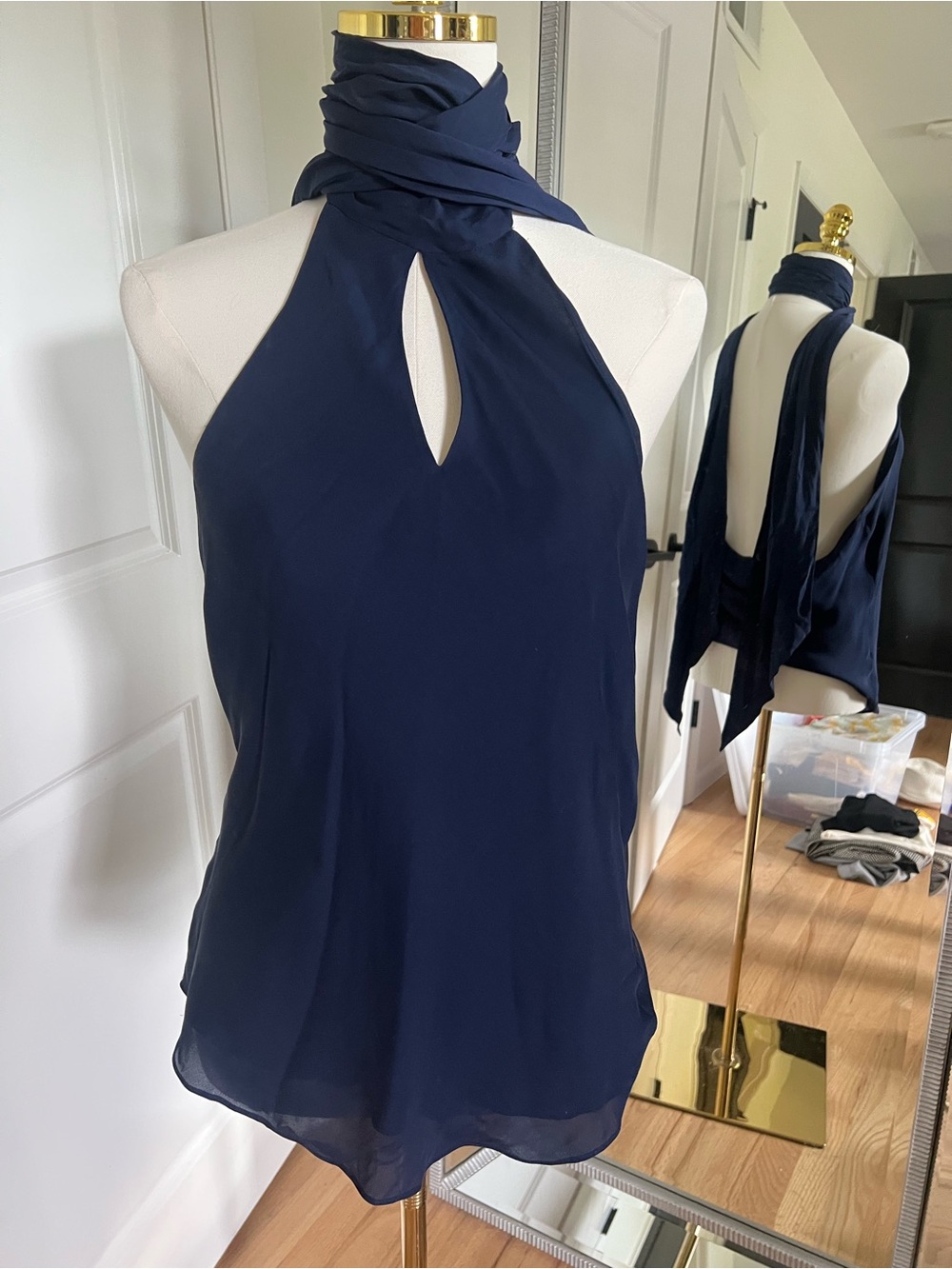Lauren Ralph Lauren Navy Halter Scarf-Neck Keyhole Silk Blouse
